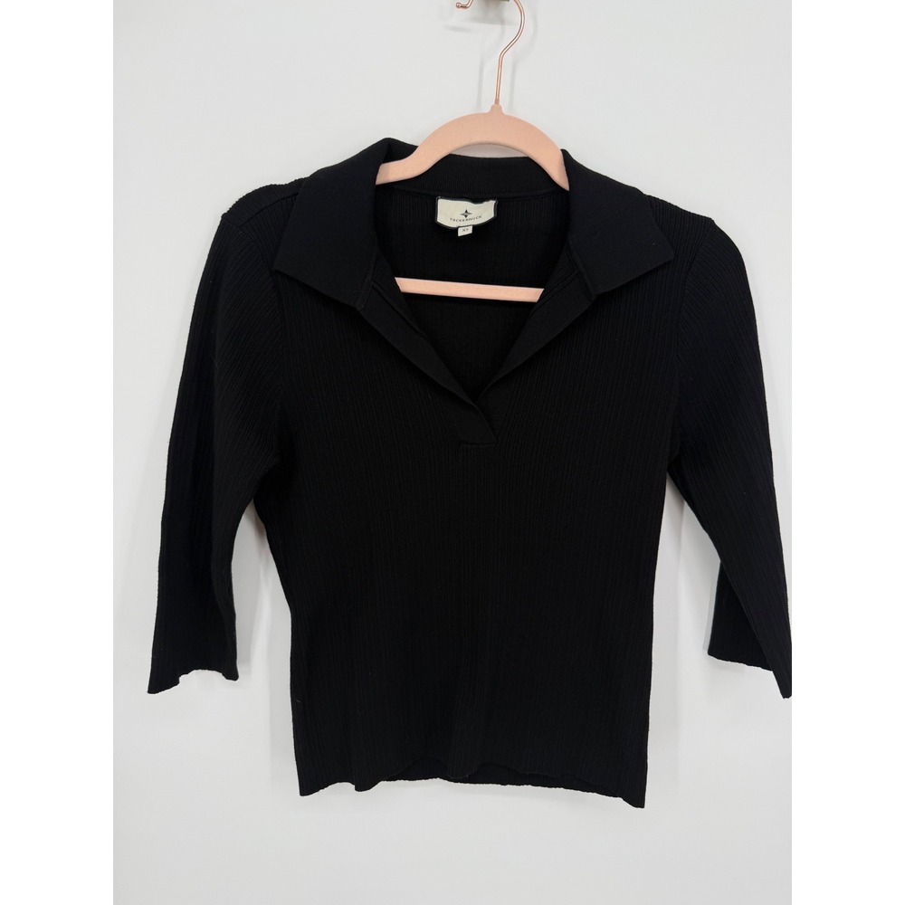 Tuckernuck Ribbed Polo Top Womens XS Black 3/4 Sleeve V-Neck Knit Collar